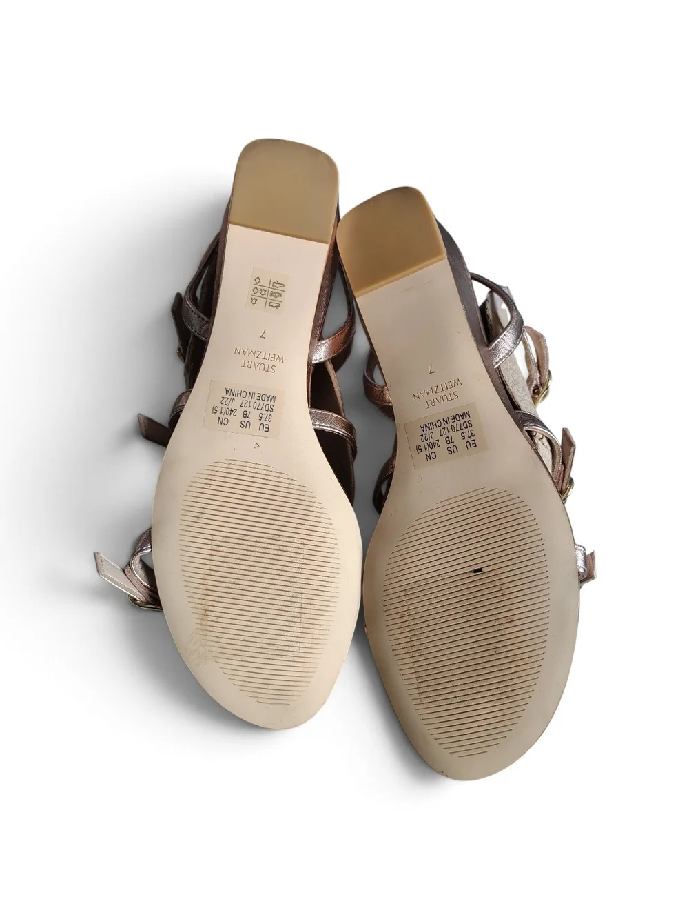 Stuart Weitzman Grecian Rose Gold Metallic Leather Multi Strap Wedge Sandals 7